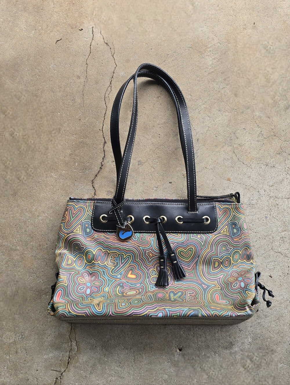 Dooney & Bourke Coated Rainbow Doodle Graffiti Handbag Purse Tote Black